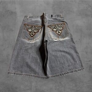 FUBU The Collection Mens Grey Distressed Embroidered Baggy Denim Shorts